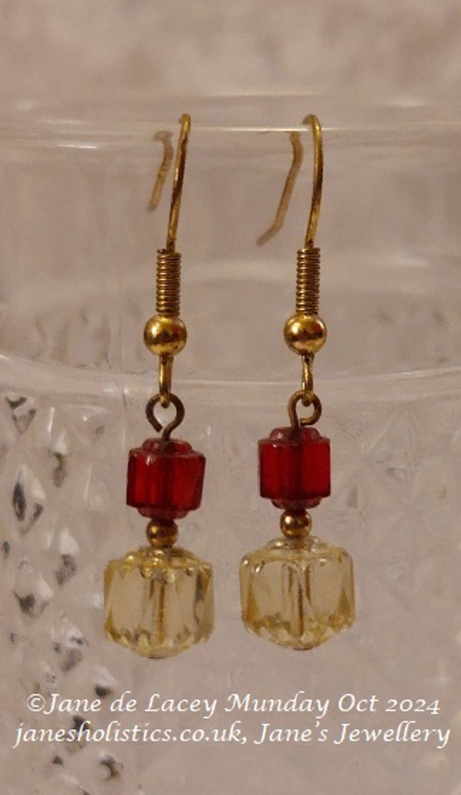 Red and champagne facetted bead Drop Earrings