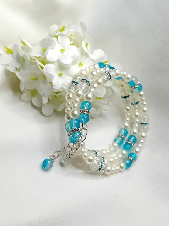 Faux Pearls & Light Blue Cracked Glass Bracelet