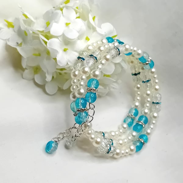 Faux Pearls & Light Blue Cracked Glass Bracelet