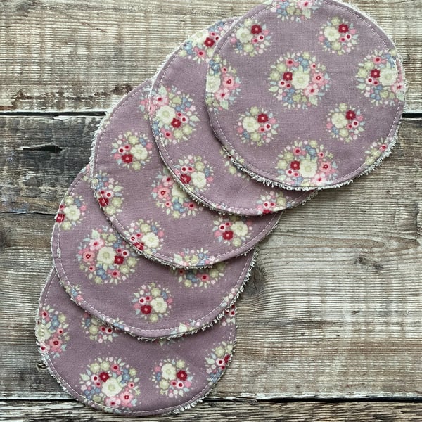 Make Up Remover Facial Rounds Pads Cotton Bamboo Tilda Lilac Floral Flowers x5