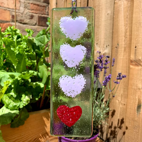 Fused glass pale lilac heart hanging with a copper foil accent