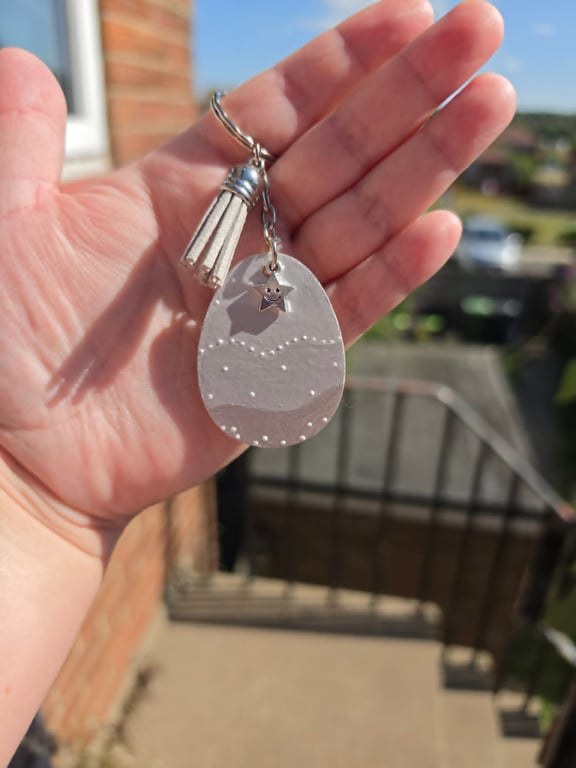 Hand-Painted Silver Ombre Wooden Keyring With Matching Tassel & Star Charm