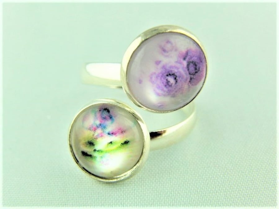 Adjustable Ladies Ring with 2 Lilac Flower Cabochons