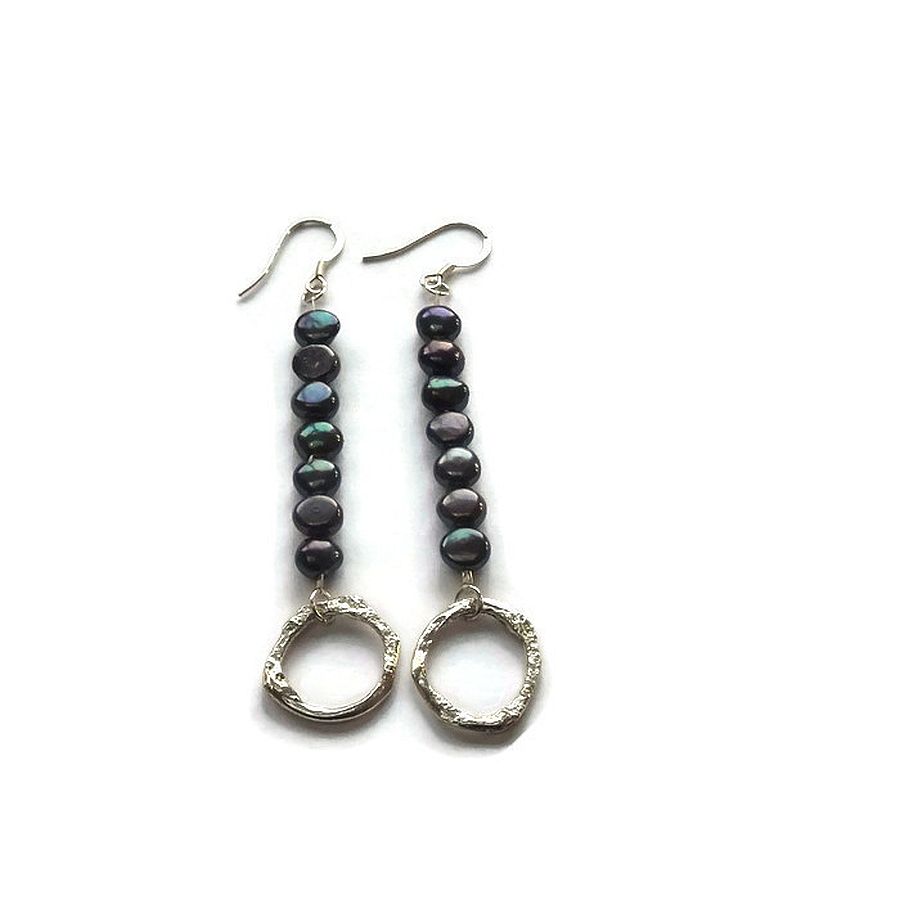 sterling silver hoop and peacock pearl earrings