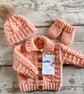 Hand Knitted Newborn Baby Coming Home Set –  Girls Peach Cardigan Hat & Mittens - Image 9