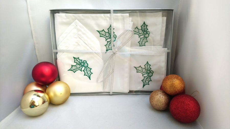 Napkins, A Set of 4 Large Table Napkins with Embroidered Holly Design