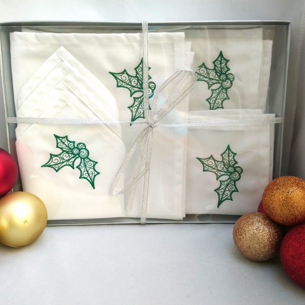 Napkins, A Set of 4 Large Table Napkins with Embroidered Holly Design