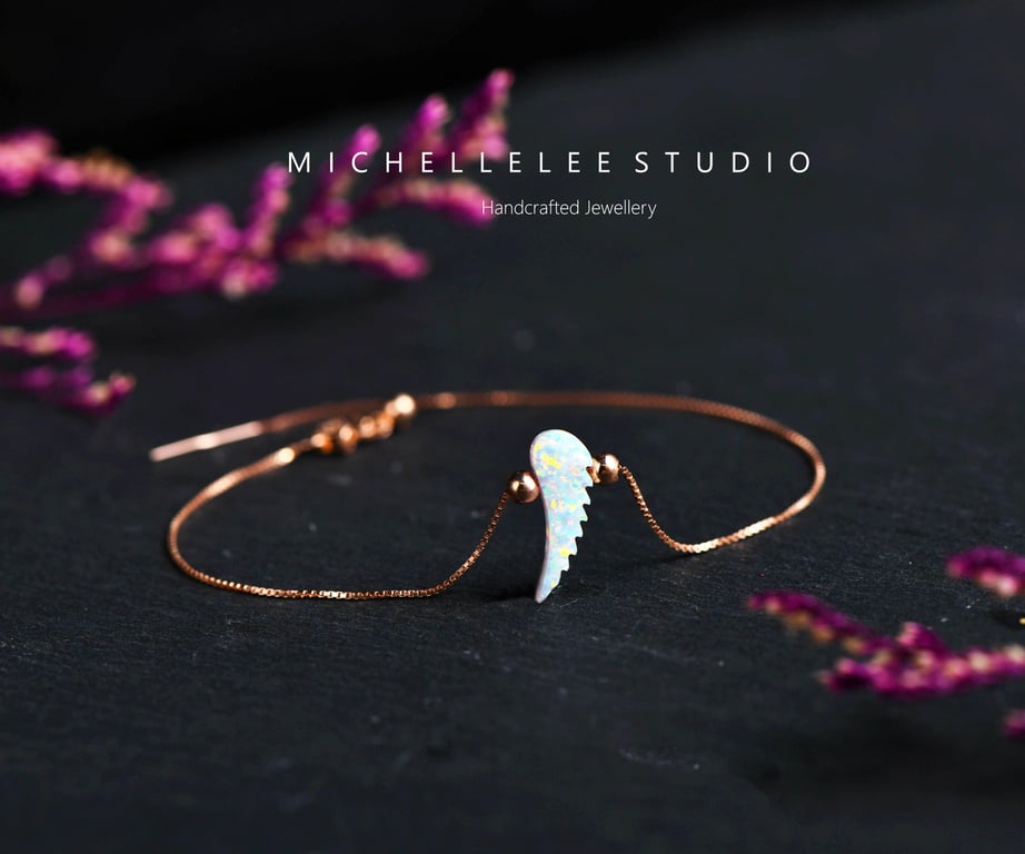 Feather Fire Opal Wing Bracelet with Sterling Silver Chain