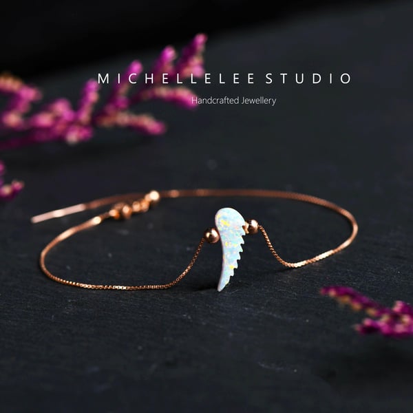 Feather Fire Opal Wing Bracelet with Sterling Silver Chain