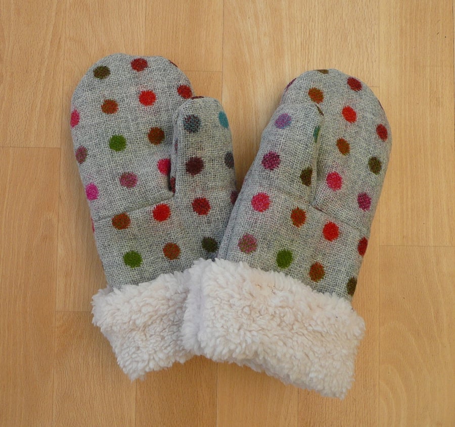 Ladies mittens, wool tweed and sherpa fleece gloves, grey wool tweed mittens