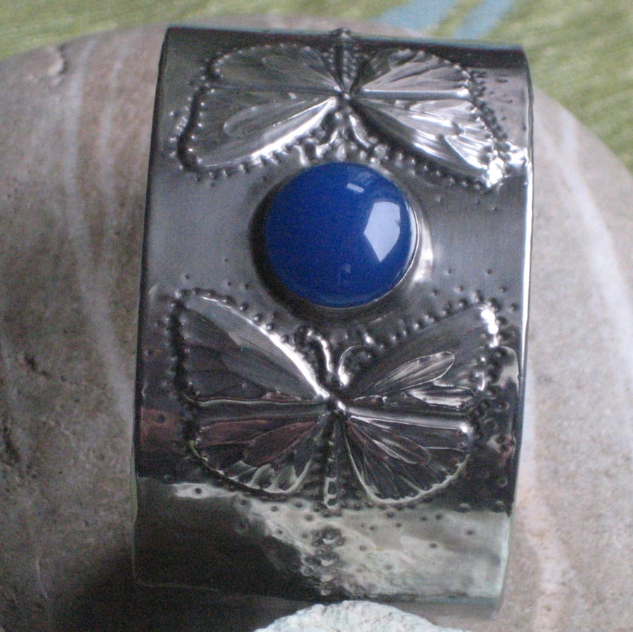 Silver Pewter Butterfly Cuff Bracelet with Blue Agate