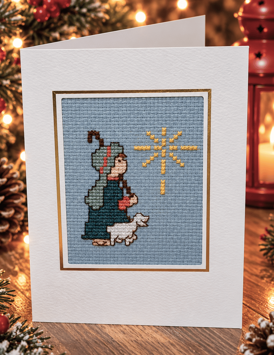 Image of Handmade Cross Stitch Shepherd & Sheep Christmas Card – Traditional Religious 