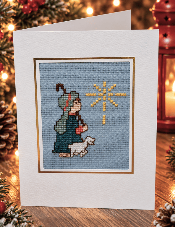Handmade Cross Stitch Shepherd & Sheep Christmas Card – Traditional Religious 