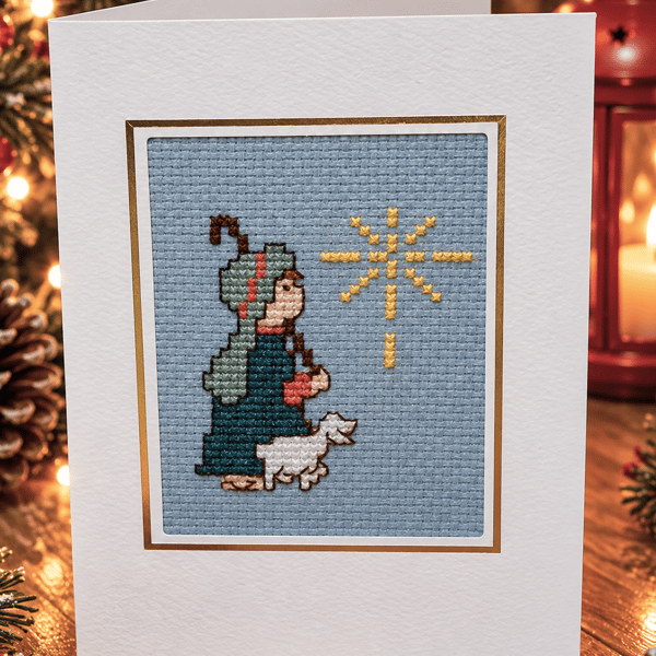 Handmade Cross Stitch Shepherd & Sheep Christmas Card – Traditional Religious 