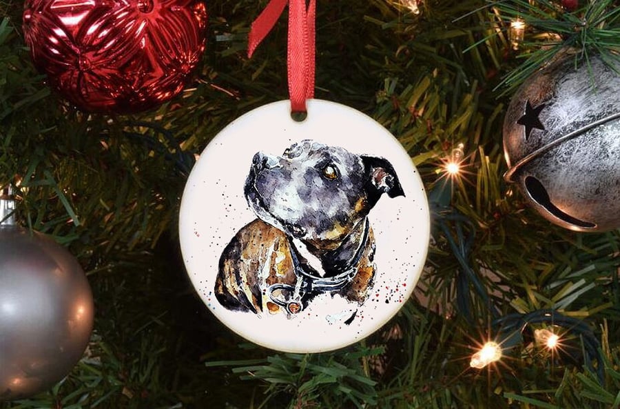 Staffordshire Bull Terrier III Ceramic Circle Tree Decoration.Staffie Xmas Tree 