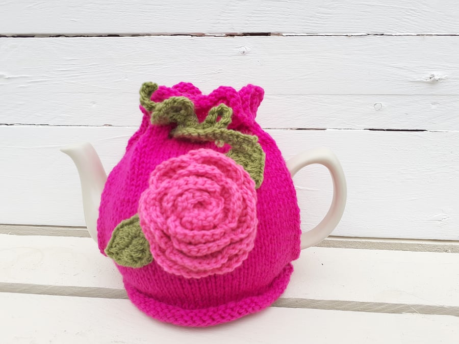Handknitted Tea Cosy with large Crochet Flower Bright Pink with Flower