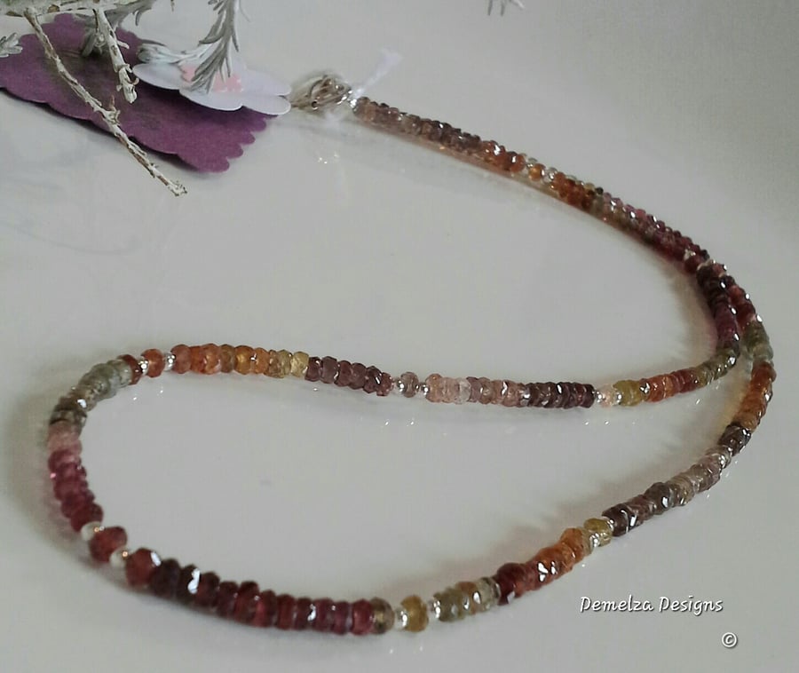 Top Quality Ombre Sapphires,  Garnet, & Rare Spinel Sterling Silver Necklace