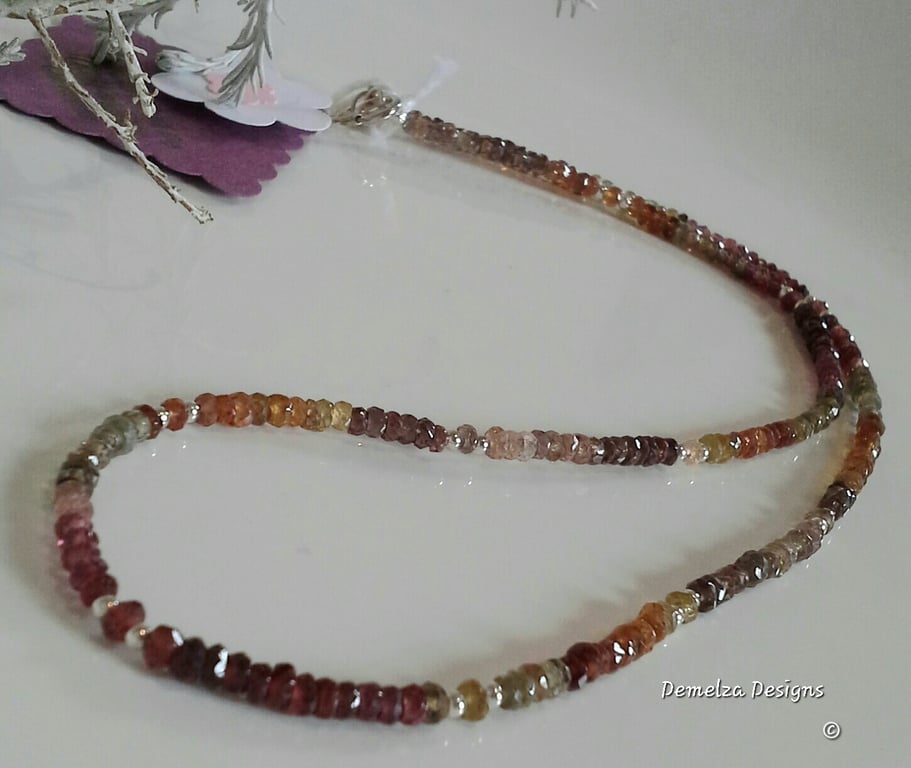 Top Quality Ombre Sapphires,  Garnet, & Rare Spinel Sterling Silver Necklace