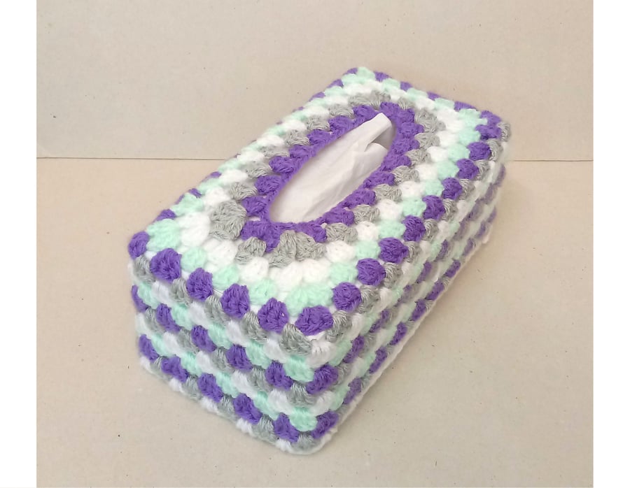 Tissue box cover in purple, white, grey and mint, crochet cover