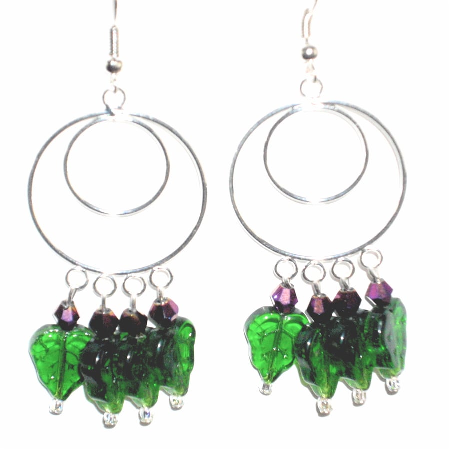 Lovely Green Leaf and Purple Crystal Bead Earrings - UK Free Post