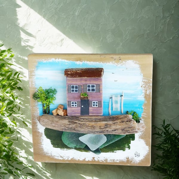 Coastal Cottage on Reclaimed Wood, Sustainable Art Gift, Coastal Home Decor