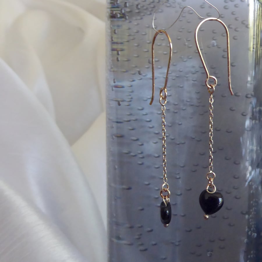 Black Onyx Heart and Sterling Silver Medium Length Earrings