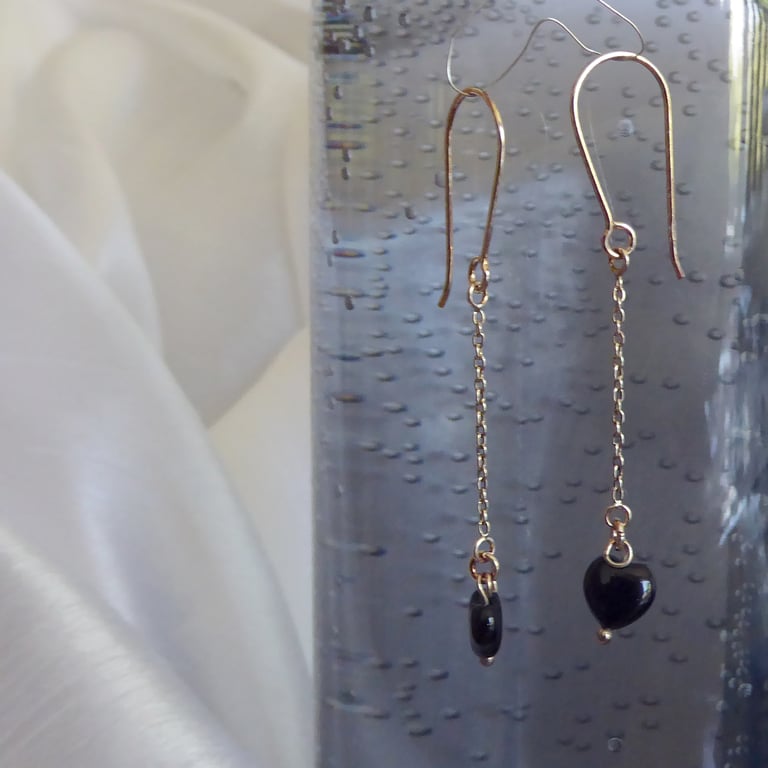 Black Onyx Heart and Sterling Silver Medium Length Earrings