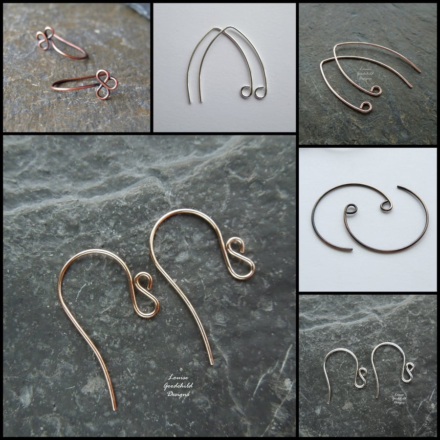 Handmade ear wires, mixed pack, silver, copper, bronze, make your own