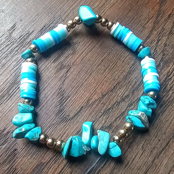 "Water" -  Stretchy crystal chip, bead and polymer clay fashion bracelet 