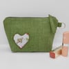 Make up bag in green fabric with Kidston lining and heart appliqué 