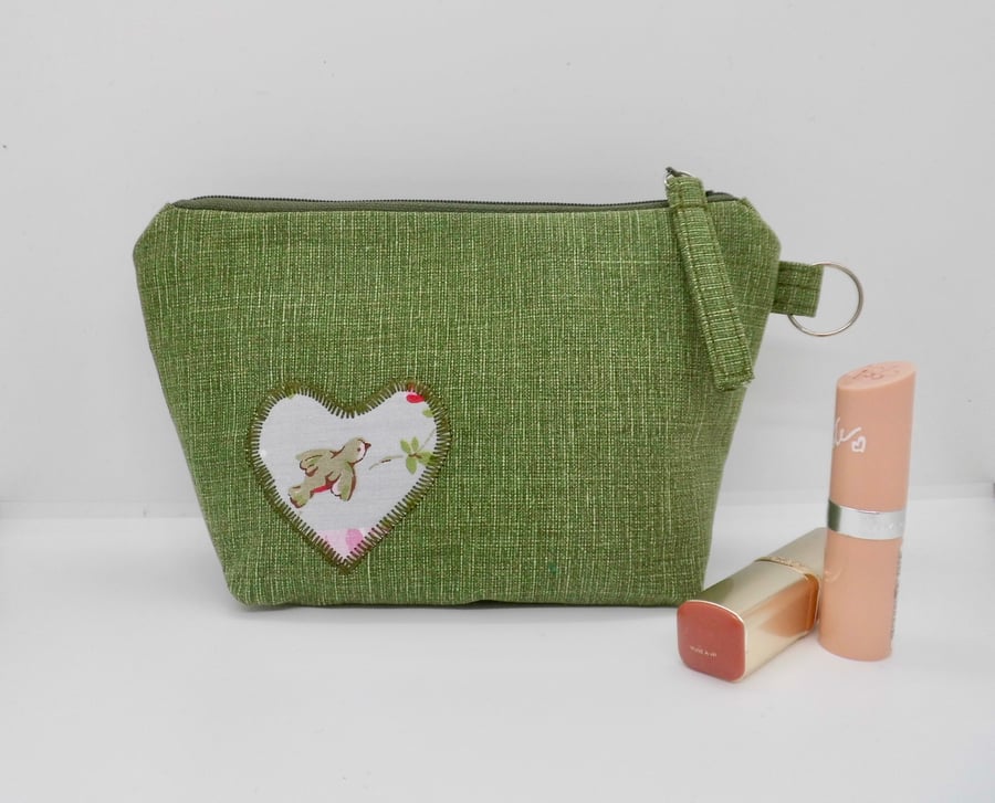 Make up bag in green fabric with Kidston lining and heart appliqué 