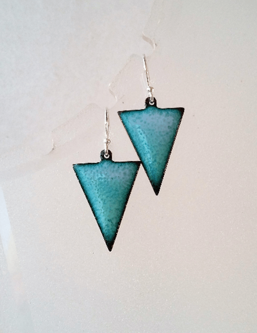  Triangle earrings in blue and green enamel on copper 243