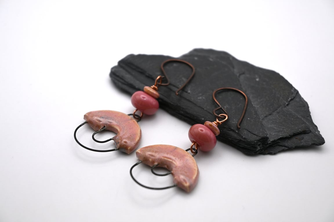 copper, pink lampwork glass and ceramic earrings