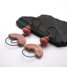 copper, pink lampwork glass and ceramic earrings