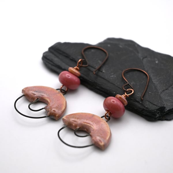 copper, pink lampwork glass and ceramic earrings