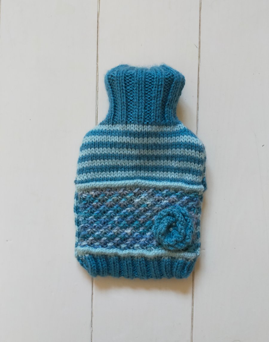 SALE : Hot water bottle cover with daisy stitch detail - blue