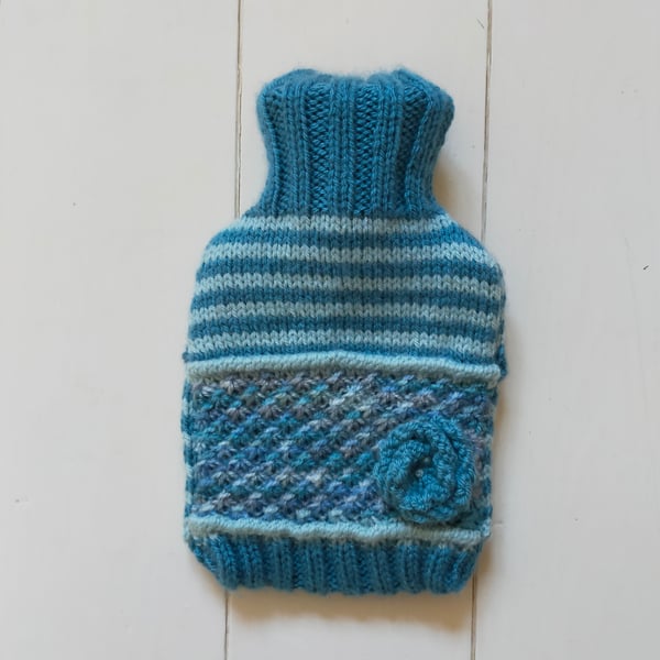 SALE : Hot water bottle cover with daisy stitch detail - blue
