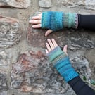 Fingerless gloves - Comfy knitted mittens in pastel teal, blue, pink, honey
