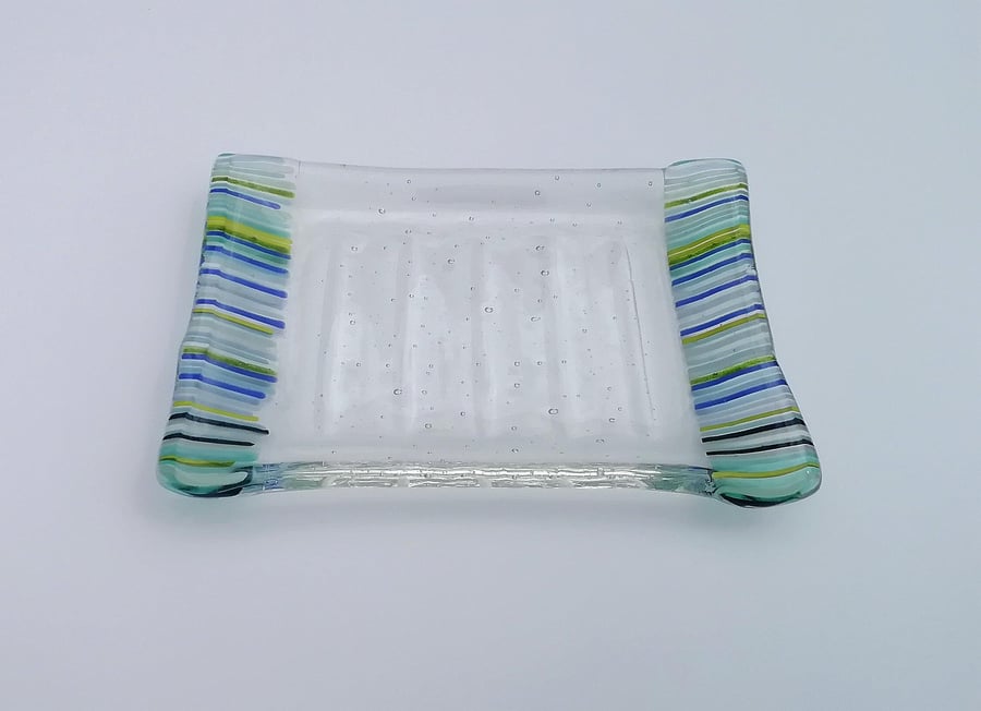 Handmade Striped Fused Glass Soap Dish: Beach Bathroom Decor