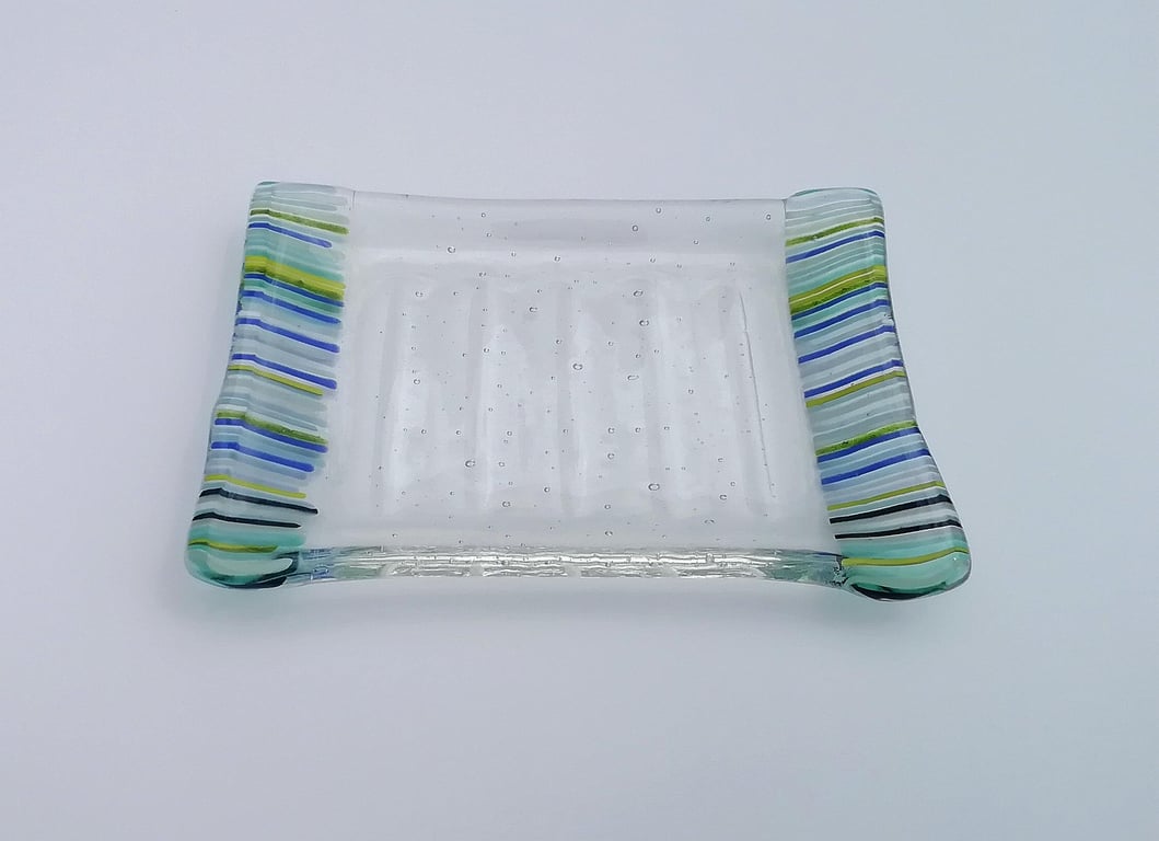 Handmade Striped Fused Glass Soap Dish: Beach Bathroom Decor