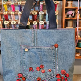 Handmade Denim Tote Bag, Button Poppies