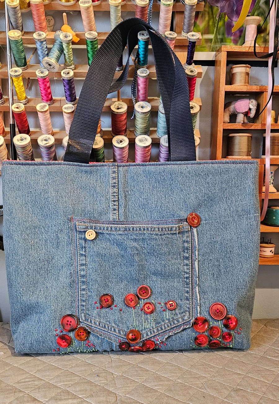 Handmade Denim Tote Bag, Button Poppies