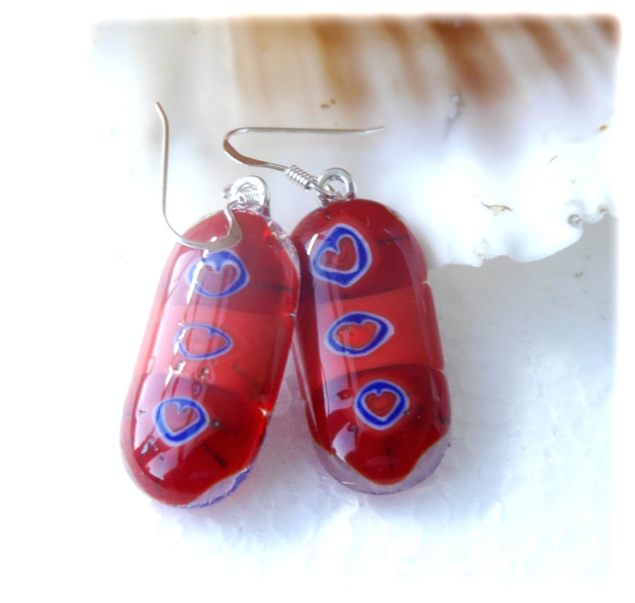 Earrings Fused Glass Millefioiri Handmade M010 Red Flowers