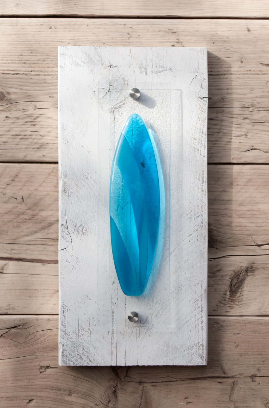 Surfboard Picture - Fused Glass Mounted on Whitewashed Wood