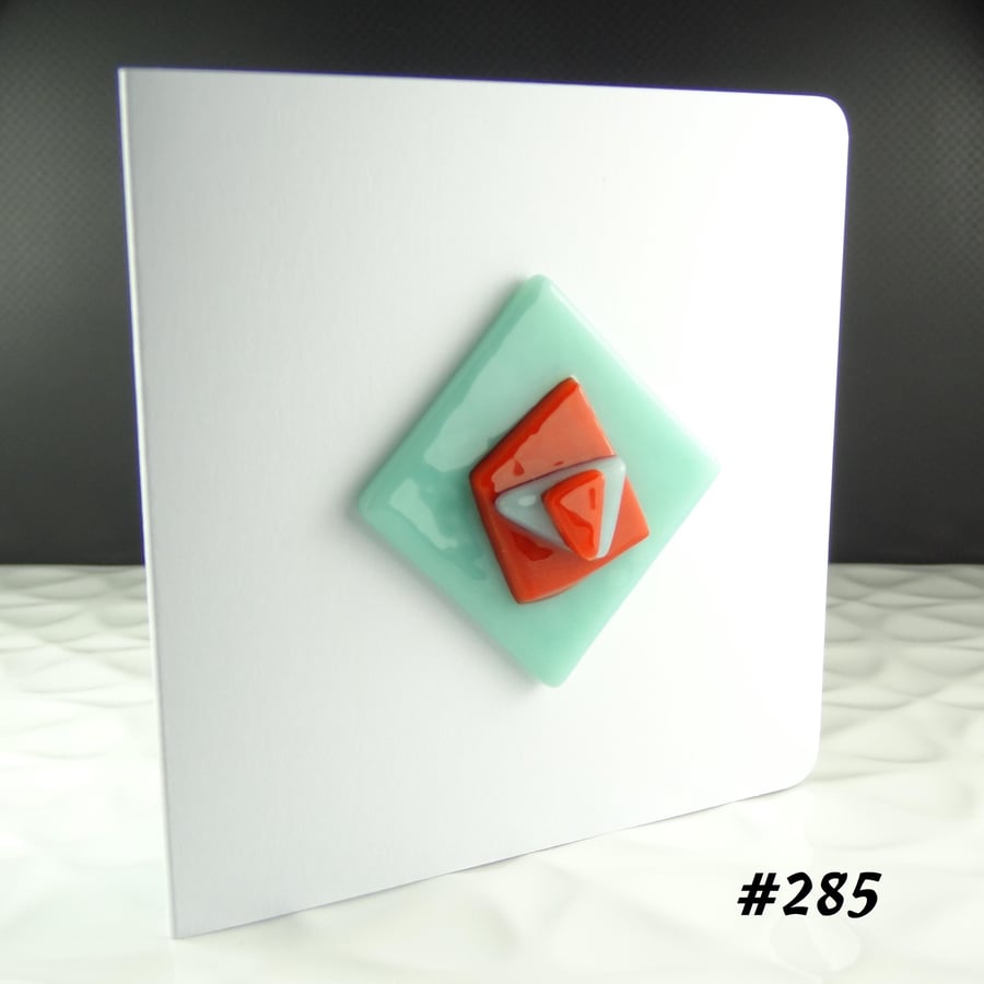 Green and orange textured handcrafted fused glass blank greeting card (285)