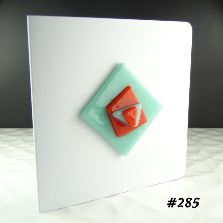 Green and orange textured handcrafted fused glass blank greeting card (285)