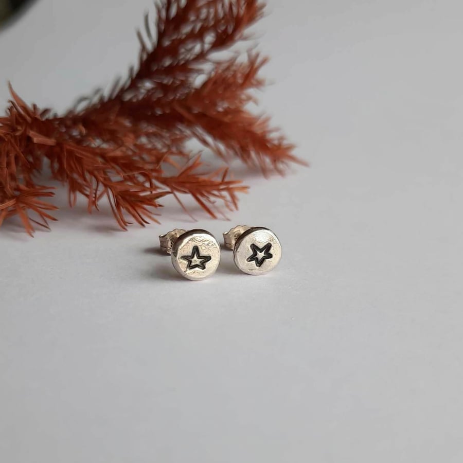 Star Stud Earrings - Recycled Sterling Silver - Hand Stamped
