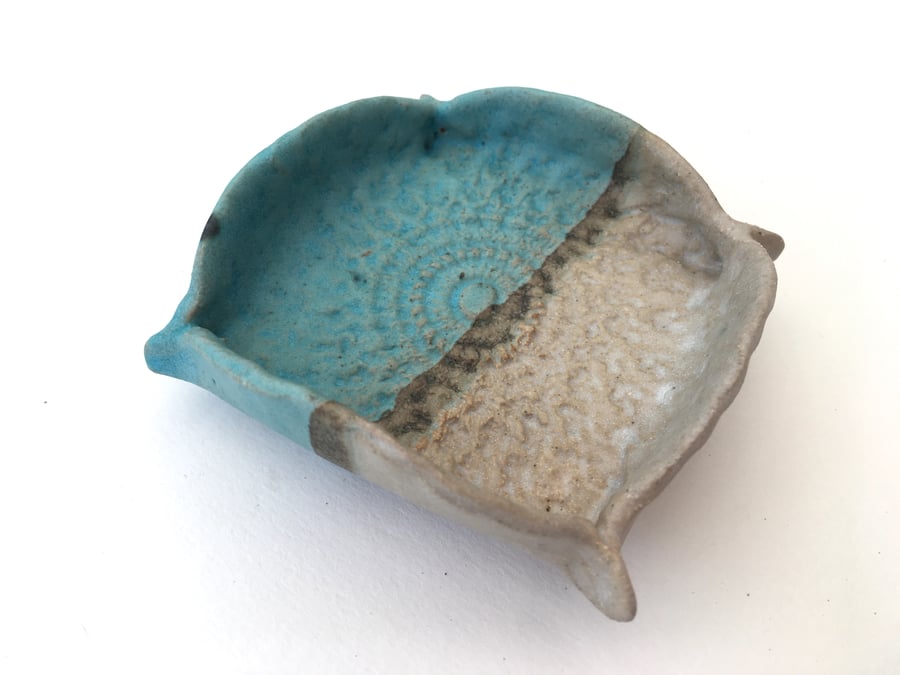 Unique Ring dish, earring dish, pottery, turquoise, white and grey glaze