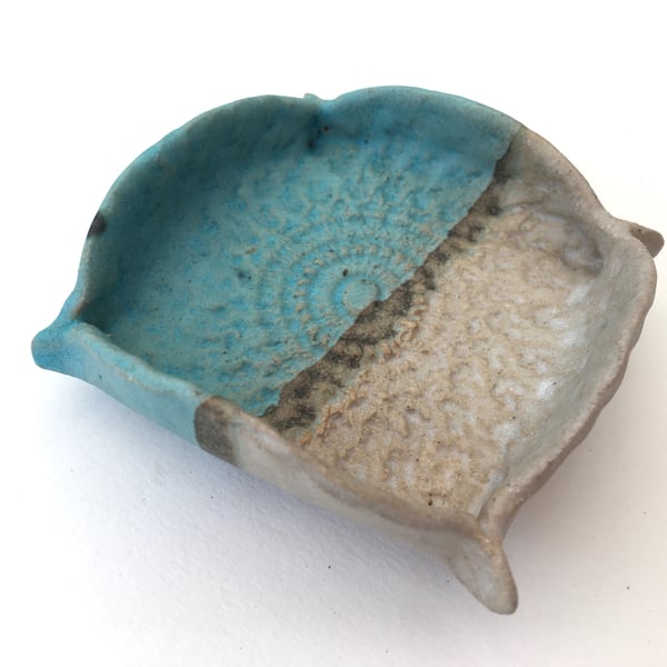 Unique Ring dish, earring dish, pottery, turquoise, white and grey glaze
