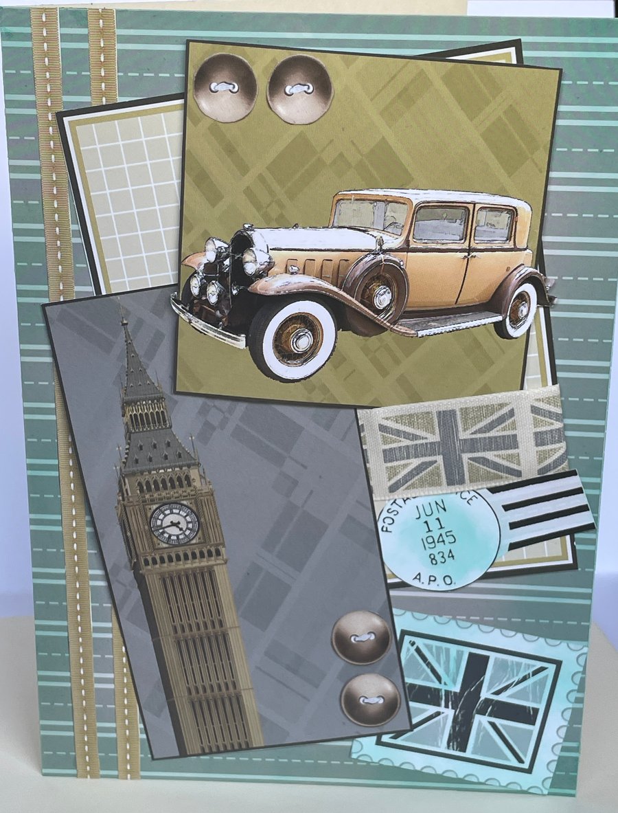 Vintage motor car and Big Ben Father's day or birthday card